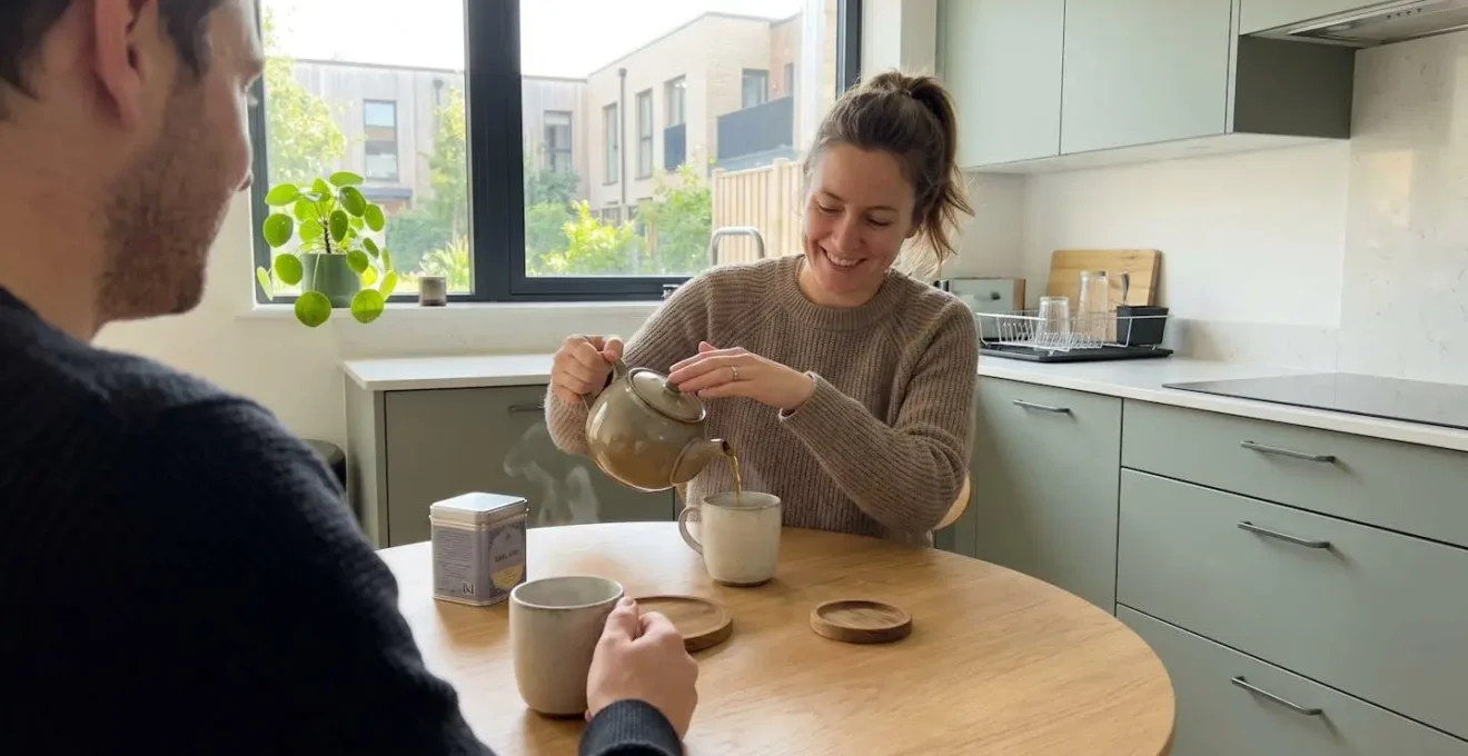 Deux personnes partagent un moment autour du thé dans une cuisine contemporaine baignée de lumière naturelle, mains tenant des tasses fumantes