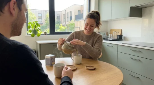 Deux personnes partagent un moment autour du thé dans une cuisine contemporaine baignée de lumière naturelle, mains tenant des tasses fumantes