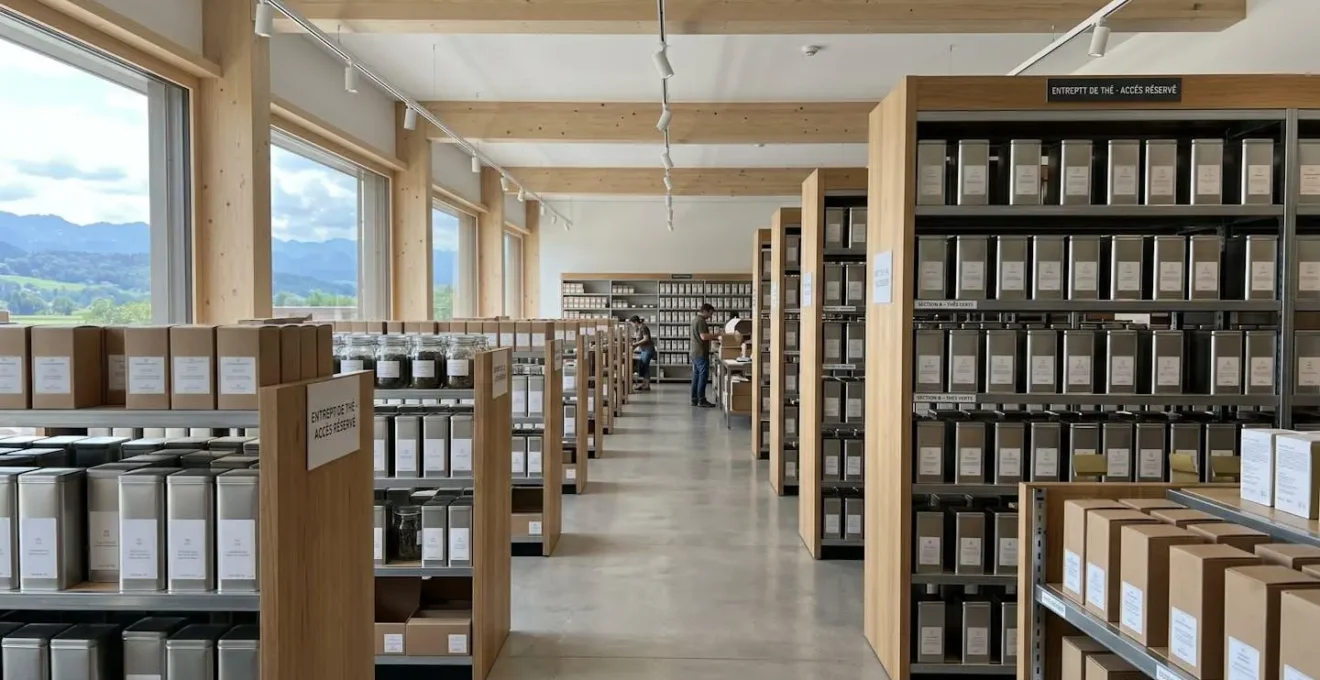 Vue grand angle d'un espace de stockage de thé contemporain et lumineux en Suisse, étagères organisées avec contenants de thé, design minimaliste épuré