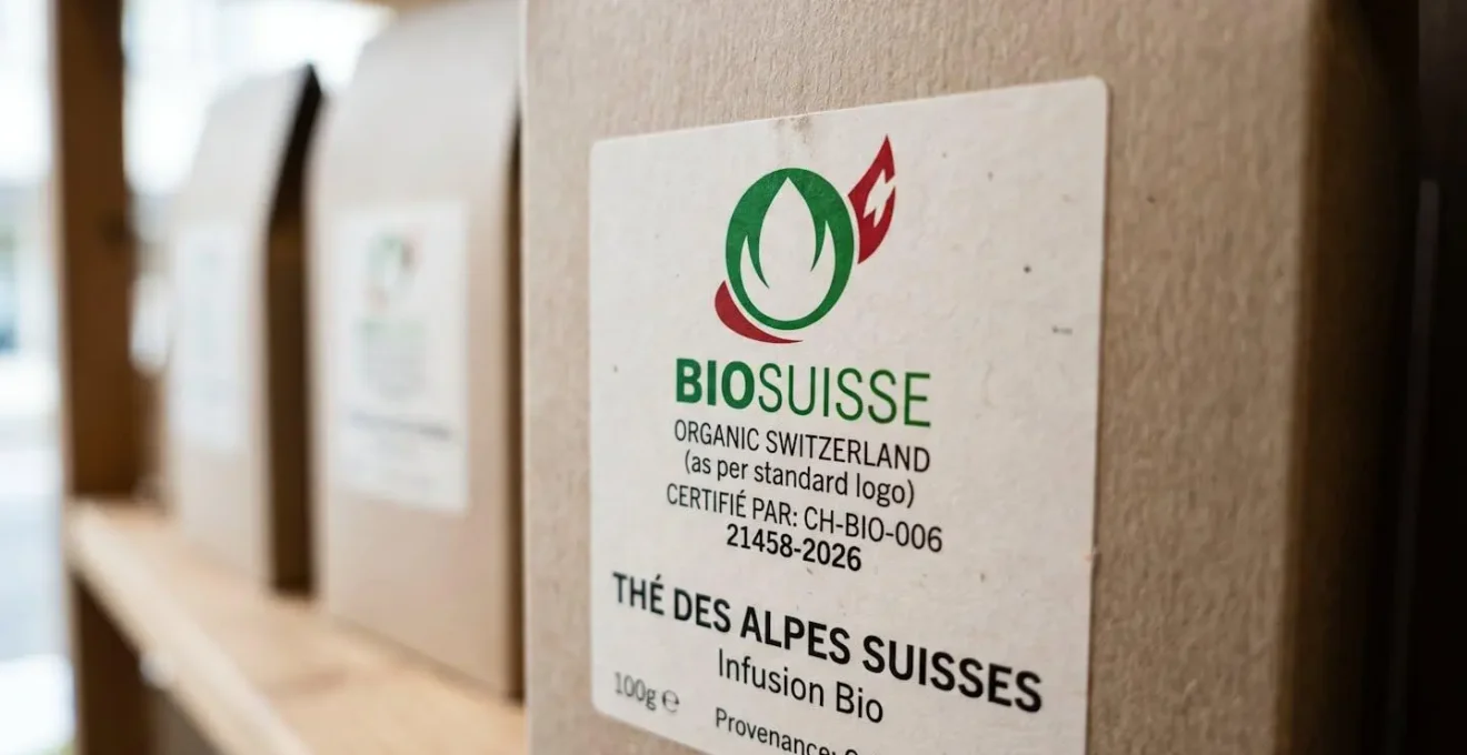 Gros plan sur un label de certification Bio Suisse Bourgeon visible sur un emballage de thé contemporain, avec numéro d'organisme certificateur net