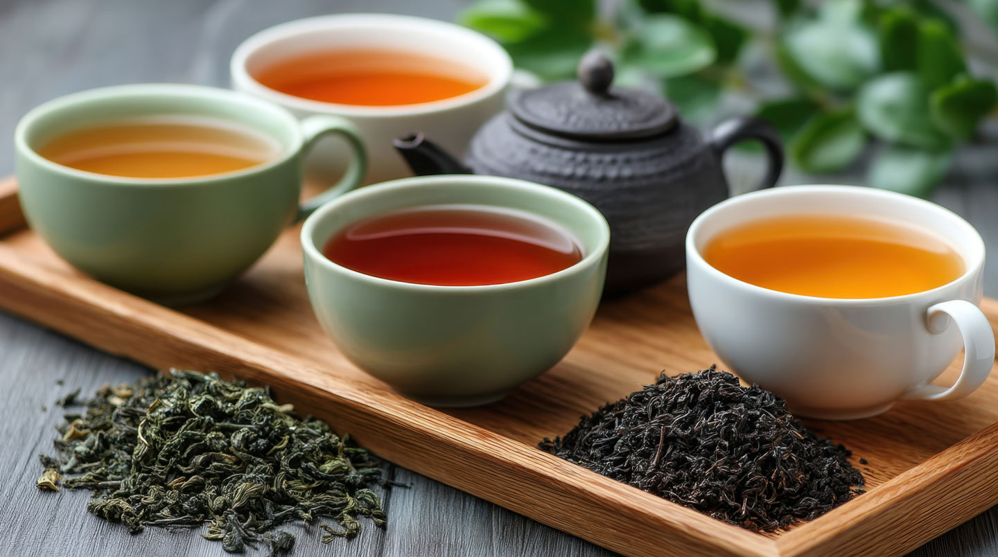 Gros plan sur une tasse de the oolong aux reflets cuivres, avec bibliotheque de boites de the en arriere-plan flou