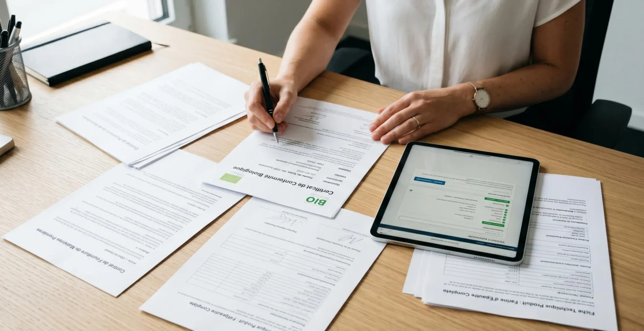 Bureau professionnel avec documents de certification biologique et contrat fournisseur en cours de vérification, mains contrôlant méticuleusement les informations
