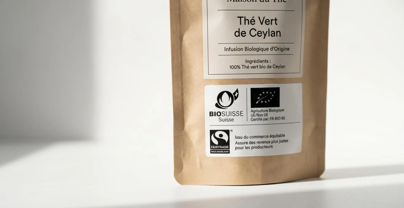 Emballage de thé biologique professionnel présentant les labels de certification Bio Suisse Bourgeon, EU-BIO et Fairtrade Max Havelaar clairement visibles