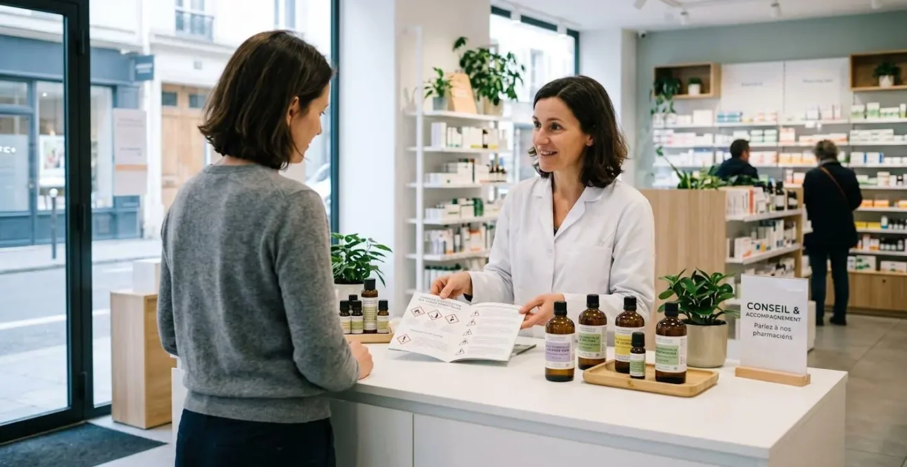 Pharmacienne en blouse blanche conseillant une cliente au comptoir d'une parapharmacie française, flacons d'huiles essentielles disposés sur le comptoir avec étiquettes françaises, brochure de sécurité ouverte, lumière naturelle douce