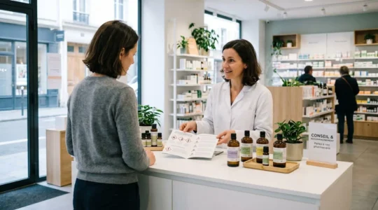 Pharmacienne en blouse blanche conseillant une cliente au comptoir d'une parapharmacie française, flacons d'huiles essentielles disposés sur le comptoir avec étiquettes françaises, brochure de sécurité ouverte, lumière naturelle douce