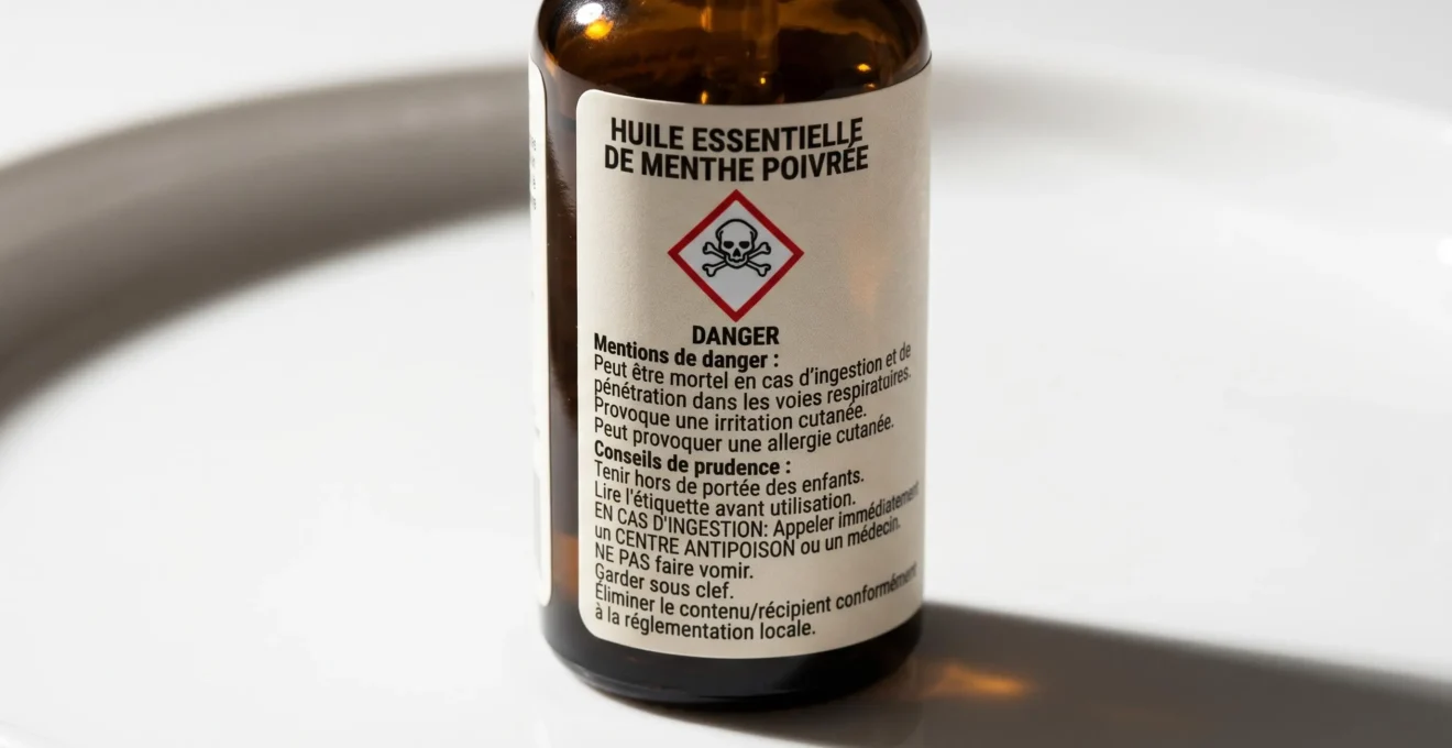 Flacon ambré d'huile essentielle avec étiquette réglementaire française affichant pictogramme de danger CLP rouge et mentions de sécurité obligatoires