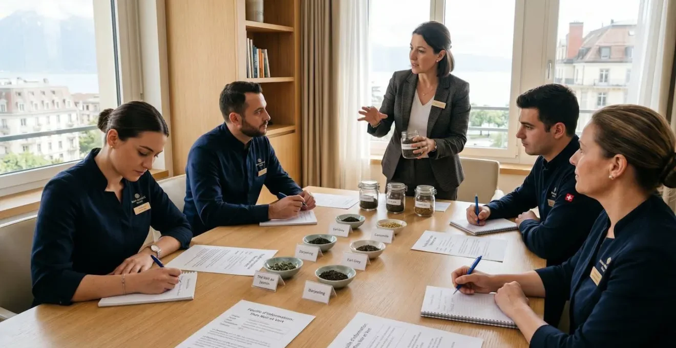 Session de formation du personnel de service d'un établissement hôtelier suisse, avec équipe attentive autour d'une table présentant variétés de thé et fiches produits