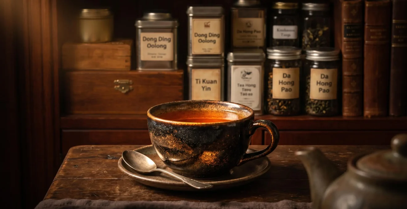 Gros plan sur une tasse de the oolong aux reflets cuivres, avec bibliotheque de boites de the en arriere-plan flou