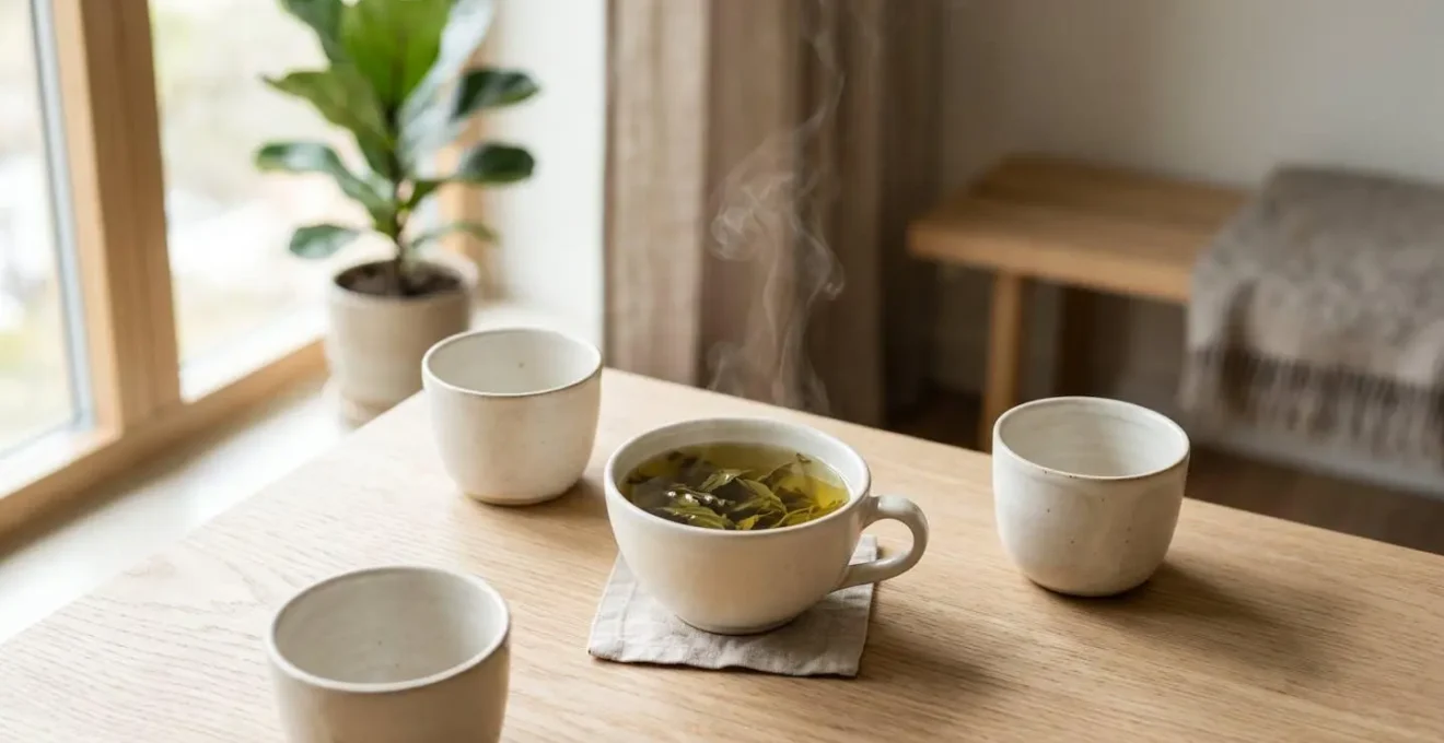 Tasse de the vert avec feuilles entières, entourée de trois autres tasses representant les varieties de the