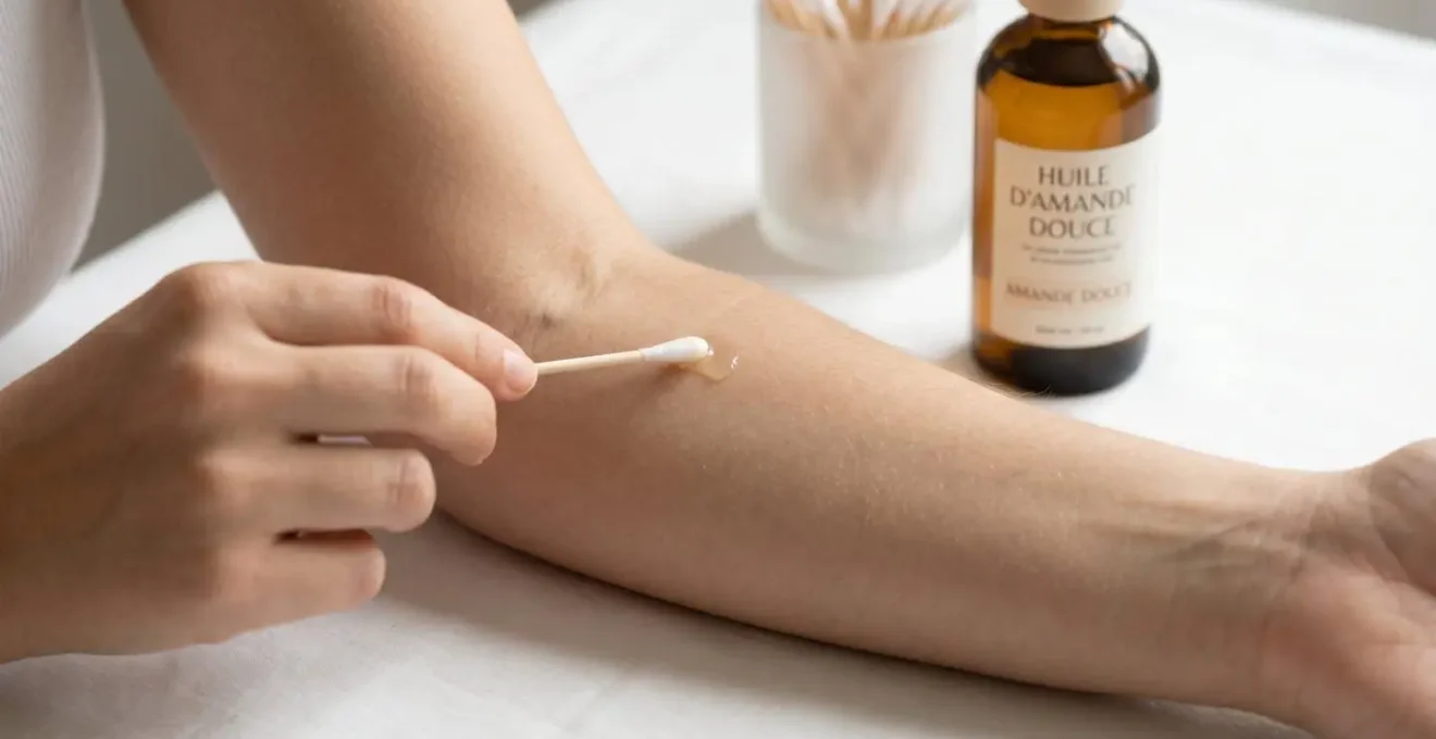 Gros plan sur avant-bras de femme appliquant une goutte d'huile essentielle diluée au pli du coude avec un coton-tige, flacon d'huile végétale d'amande douce en arrière-plan