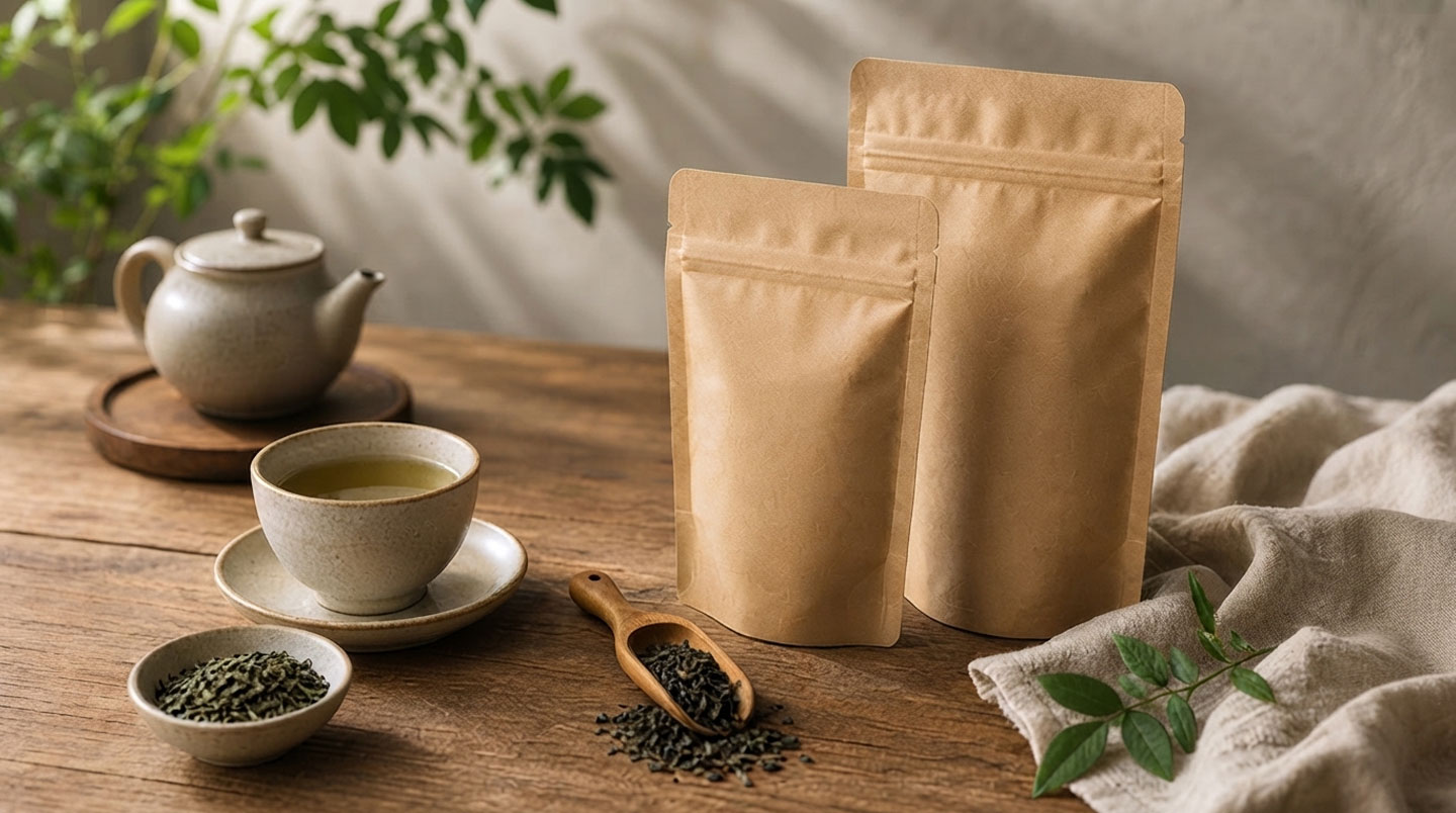 Emballage de thé biologique professionnel présentant les labels de certification Bio Suisse Bourgeon, EU-BIO et Fairtrade Max Havelaar clairement visibles